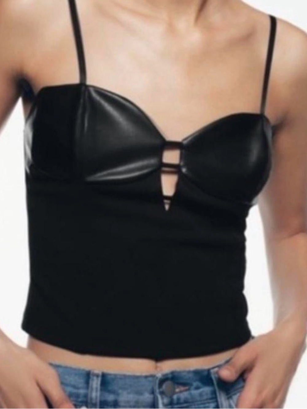 Zara Black Faux-Leather Bustier Crop Top with Strappy Keyhole